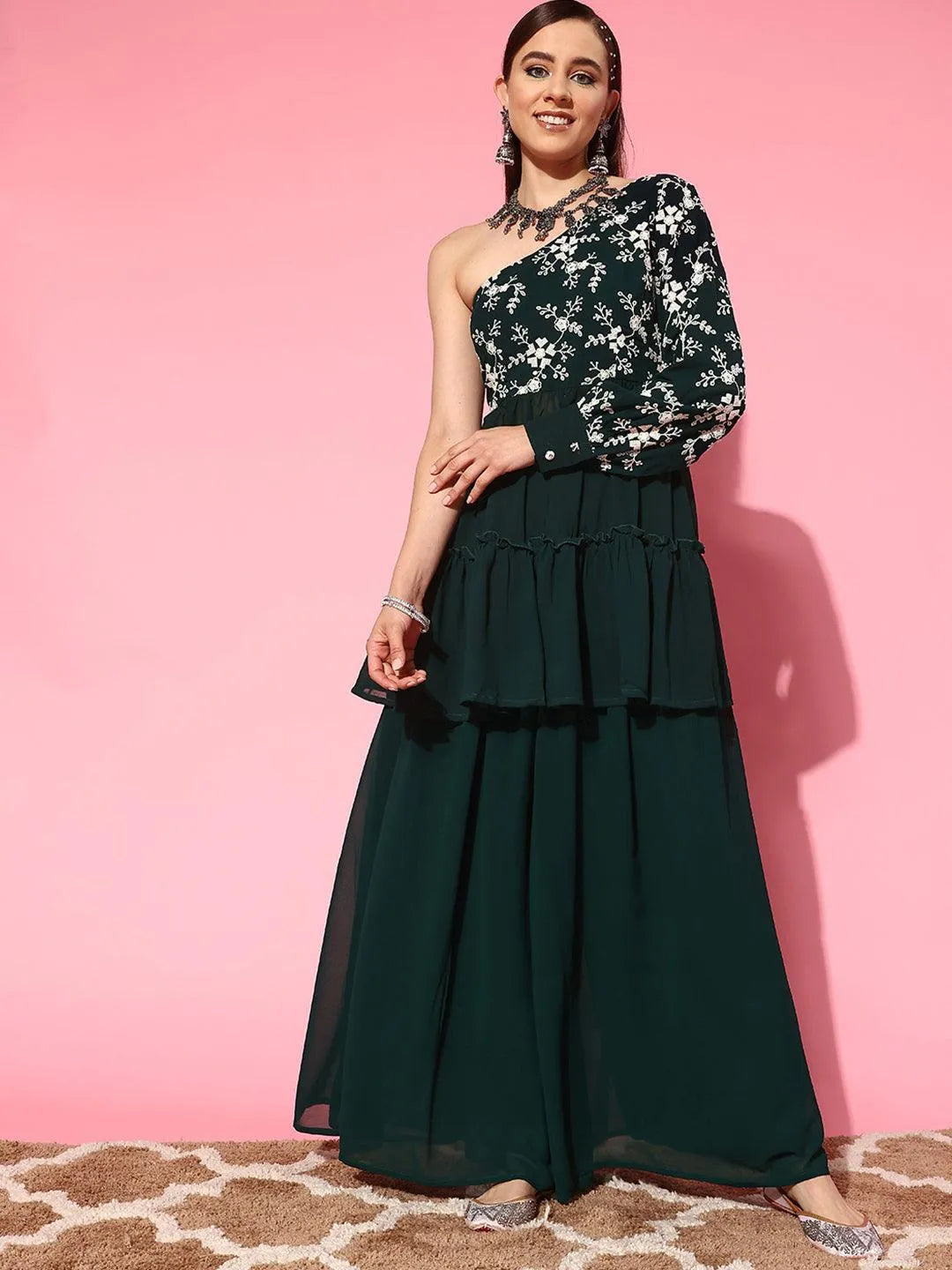 Green Embellished Georgette Tunic With Palazzos - Libas 