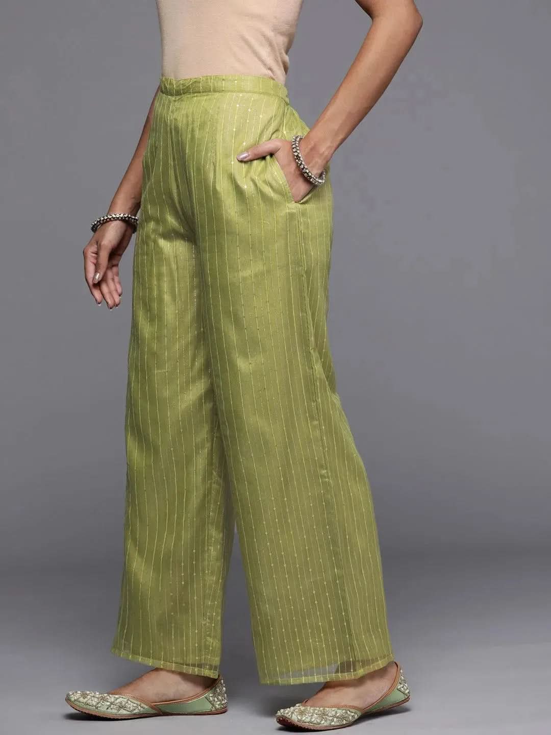 Green Embellished Organza Palazzos - Libas 