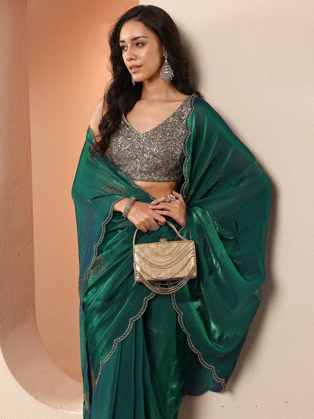  Green Embellished Organza Saree With Unstitched Blouse Piece 