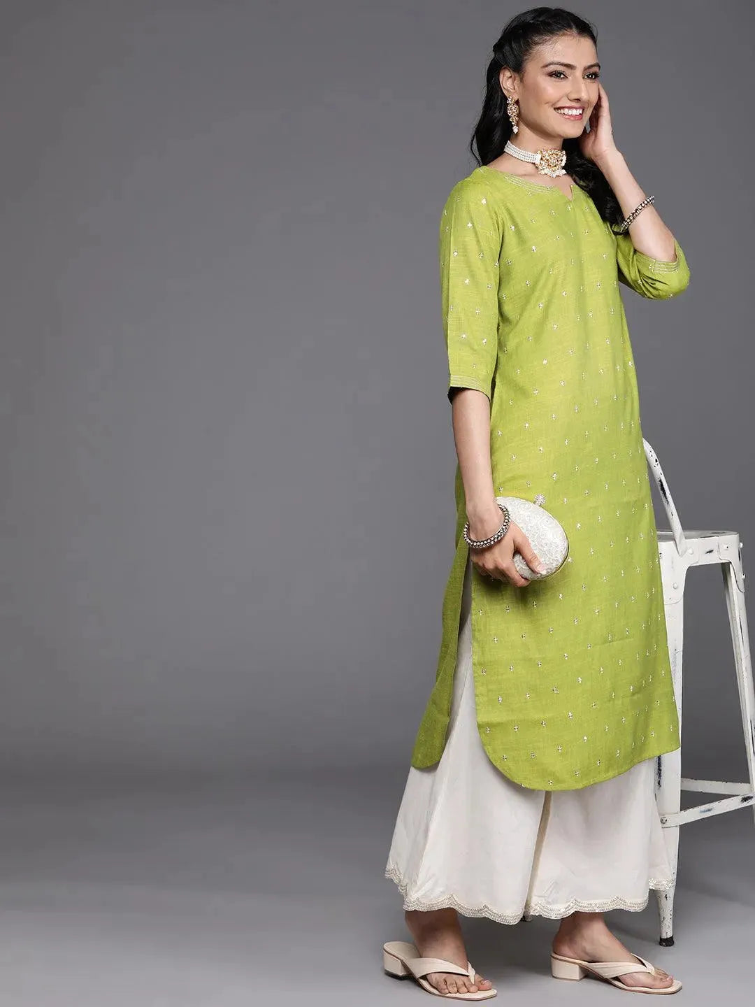 Green Embellished Rayon Kurta - Libas 