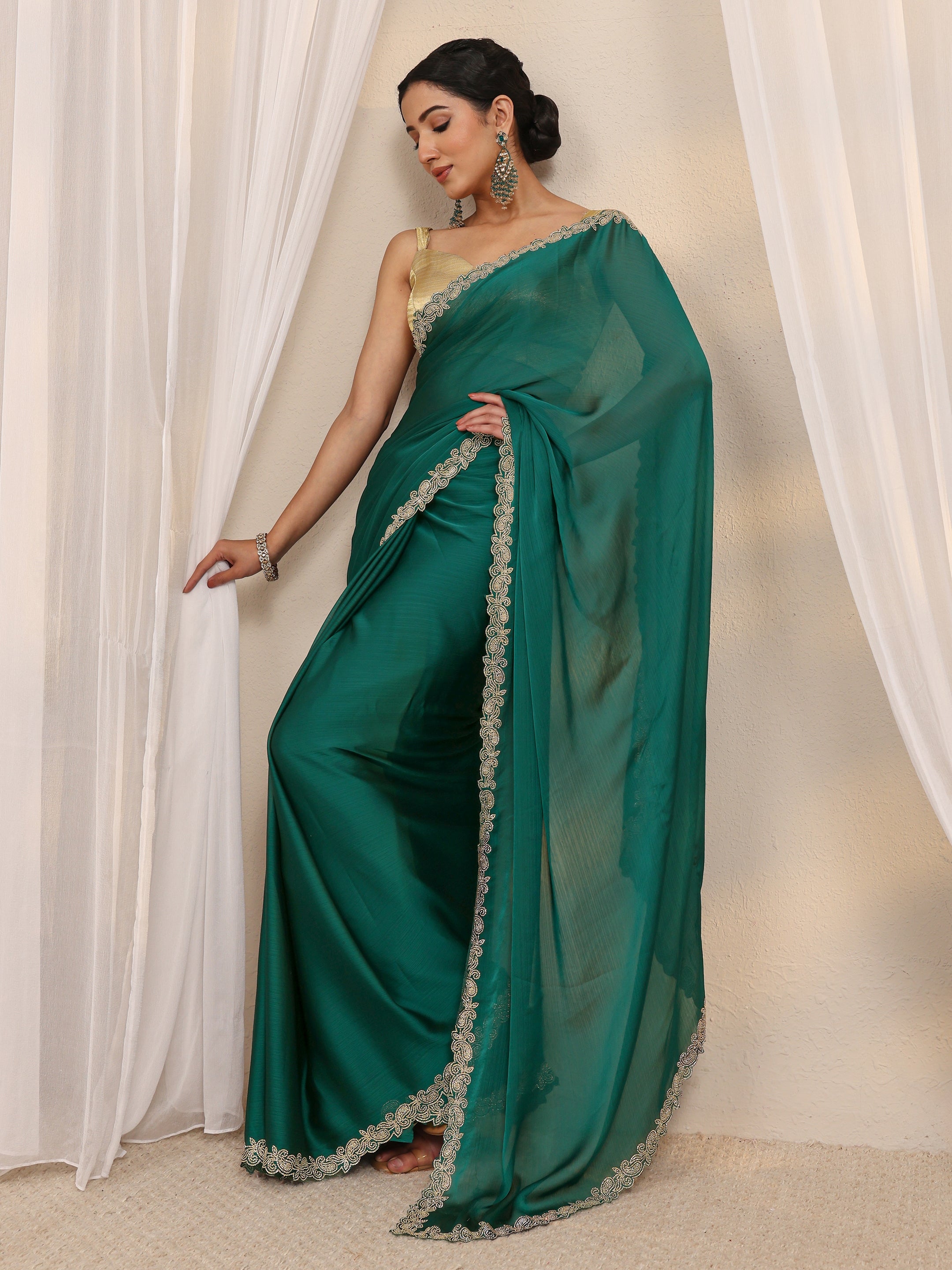 libas Green Embellished Satin Saree With Unstitched Blouse Piece-picture-27