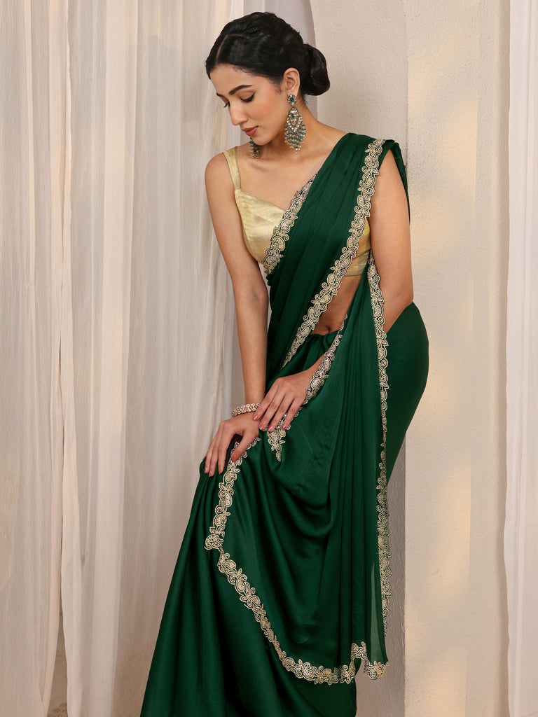 Libas Green Embellished Satin Saree With Unstitched Blouse Piece