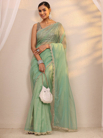 Green Embellished Sheen Net Saree 
With Unstitched Blouse Piece