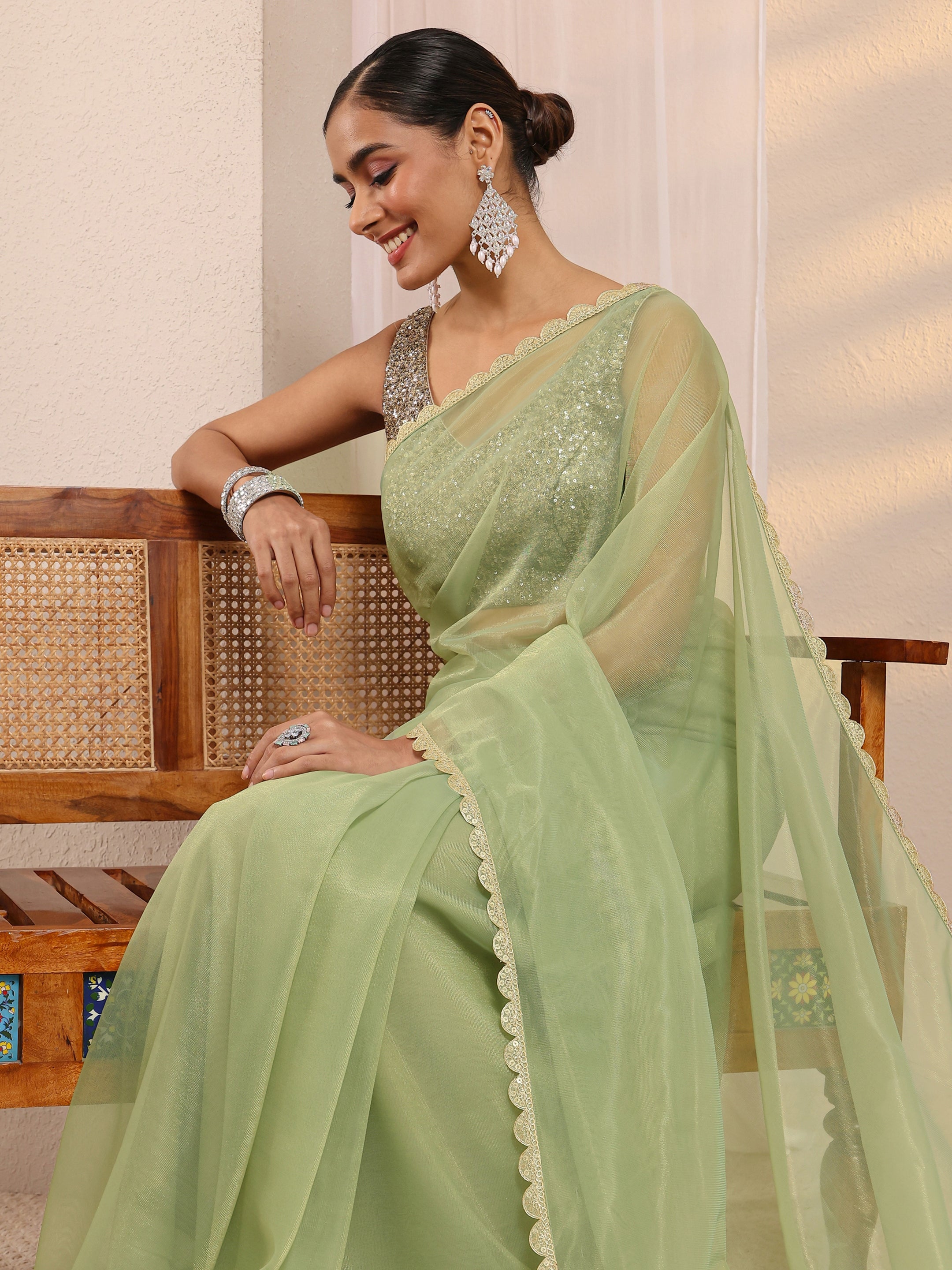 Green Embellished Sheen Net Saree With Unstitched Blouse Piece-image-8