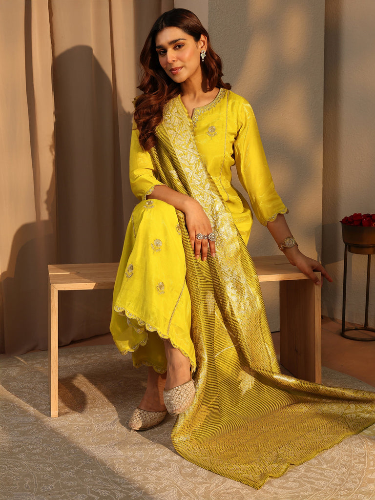 Libas Green Embellished Silk Blend A-Line Suit Set With Dupatta