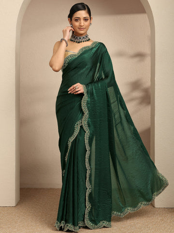 Green Embellished Silk Blend Saree With Unstitched Blouse Piece