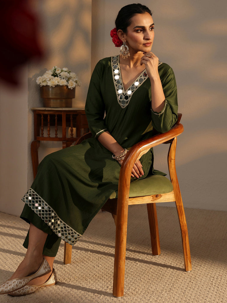 Libas Green Embellished Silk Blend Straight Kurta Set
