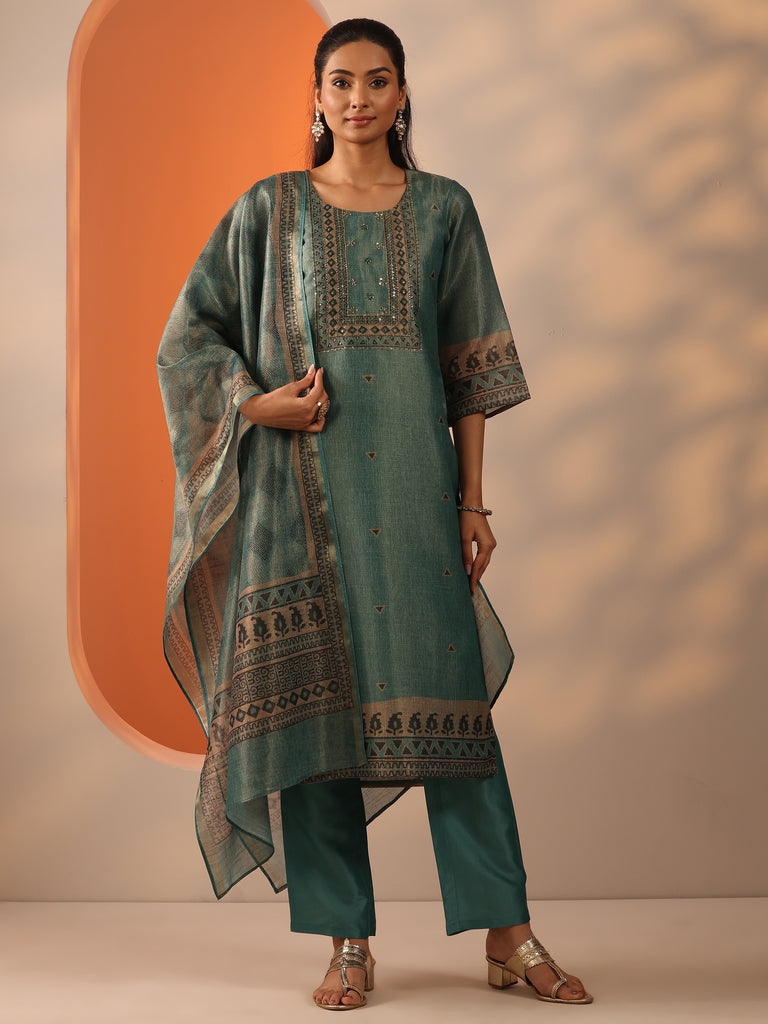 Gerua Green Embellished Silk Blend Straight Suit Set With Dupatta