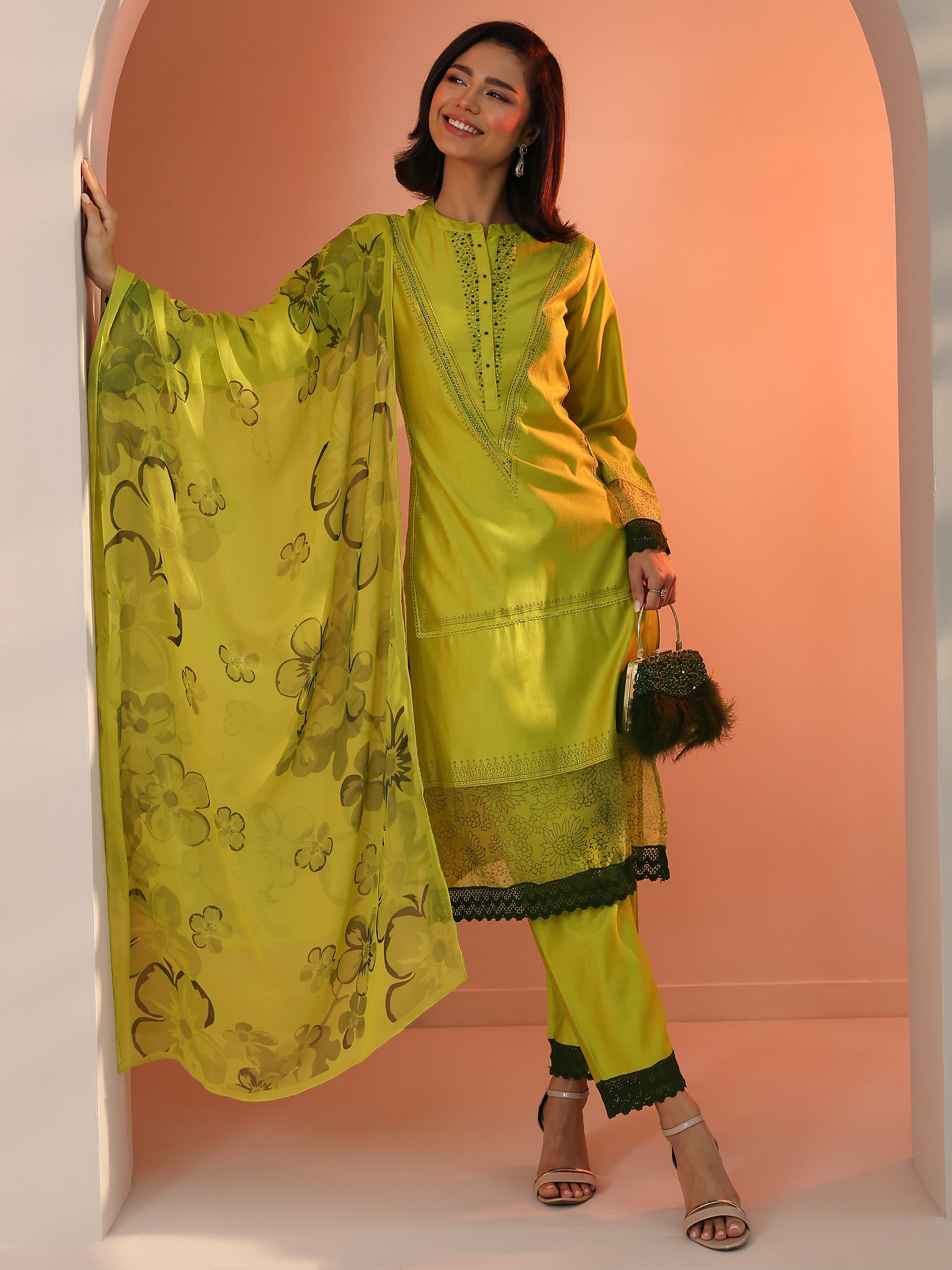 libas Green Embellished Silk Blend Straight Suit Set With Dupatta-picture-39