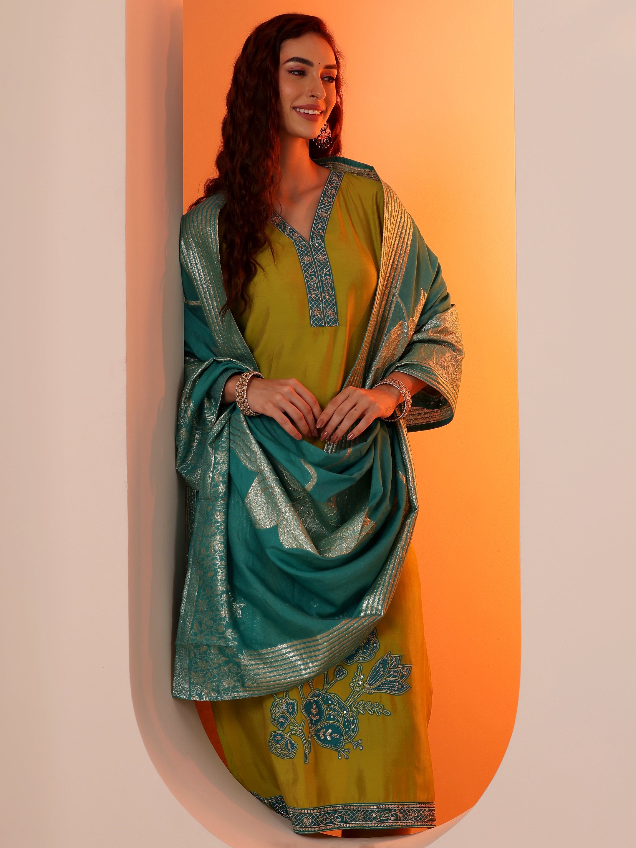 libas Green Embellished Silk Blend Straight Suit Set With Dupatta-picture-43