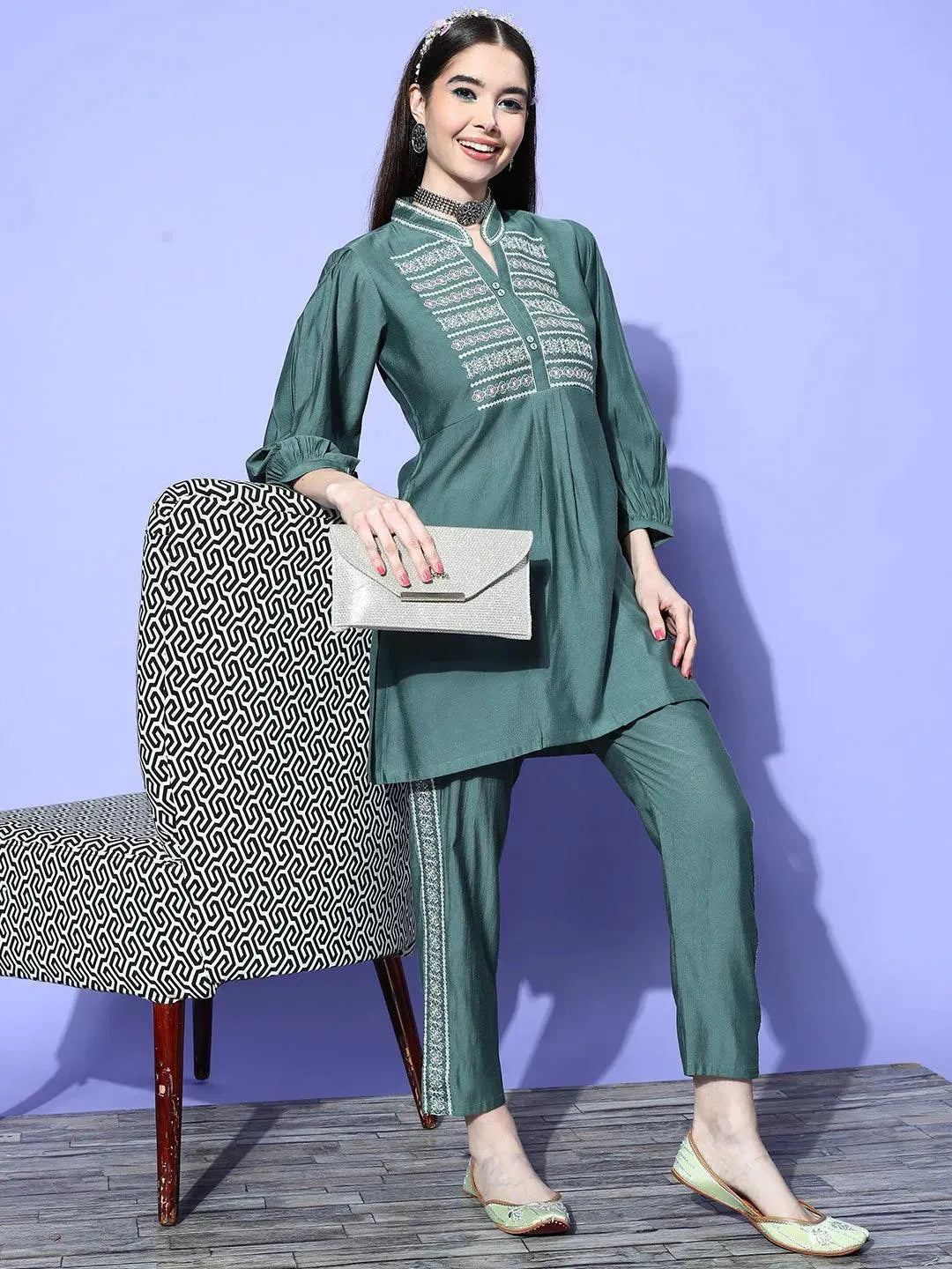 

Green Embellished Silk Blend Tunic With Trousers