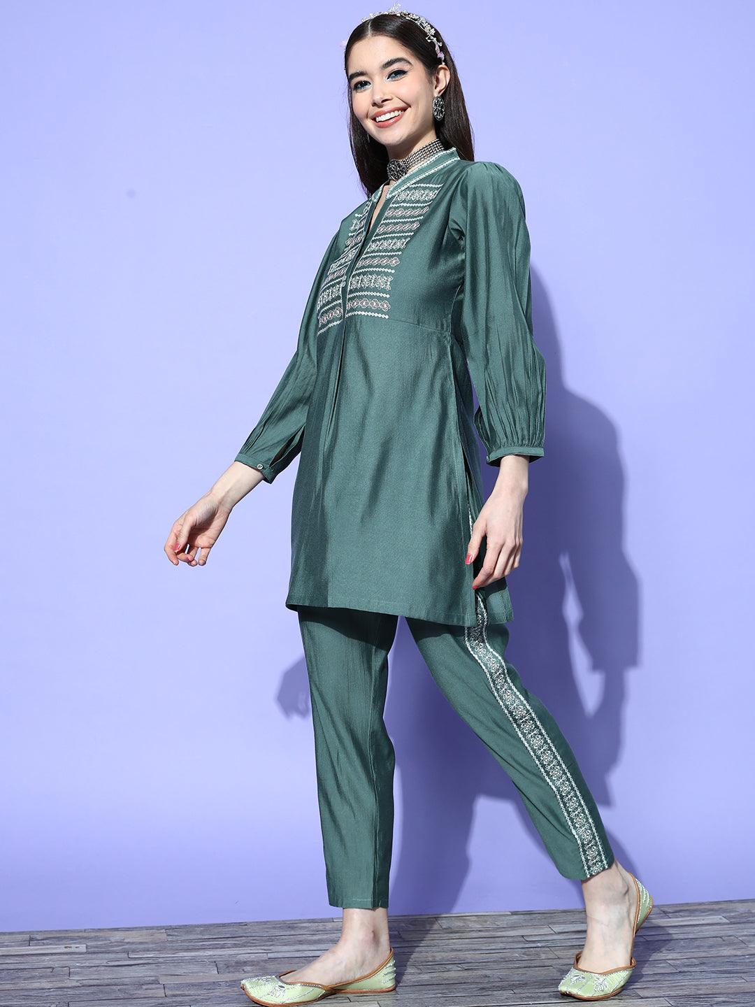 Green Embellished Silk Blend Tunic With Trousers - Libas