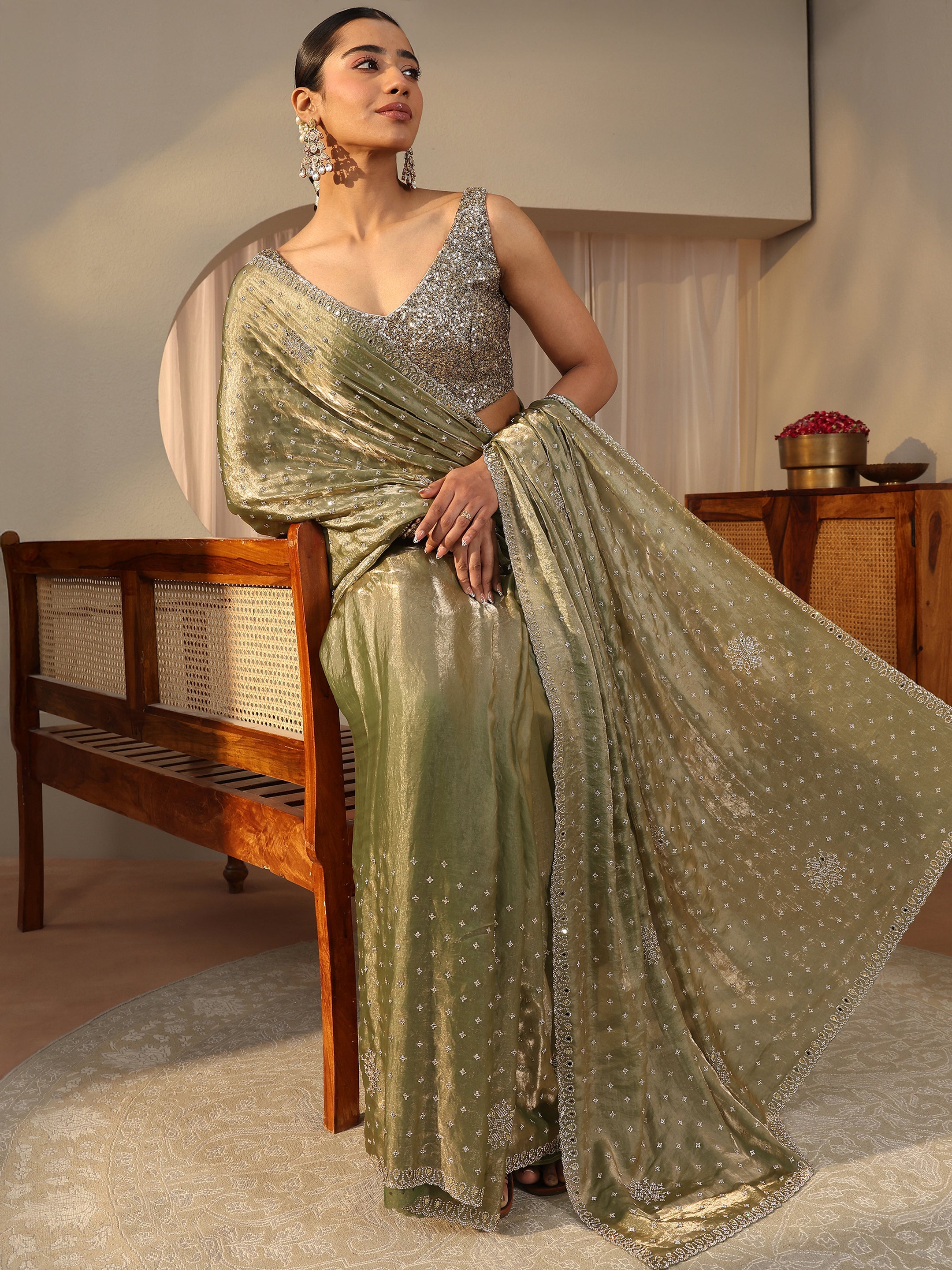 libas Green Embellished Tissue Saree-picture-18