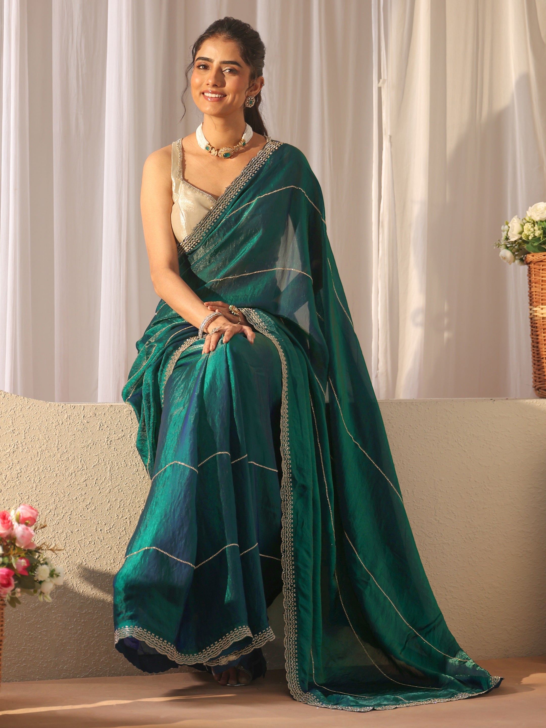 Green Embellished Tissue Saree-image-23