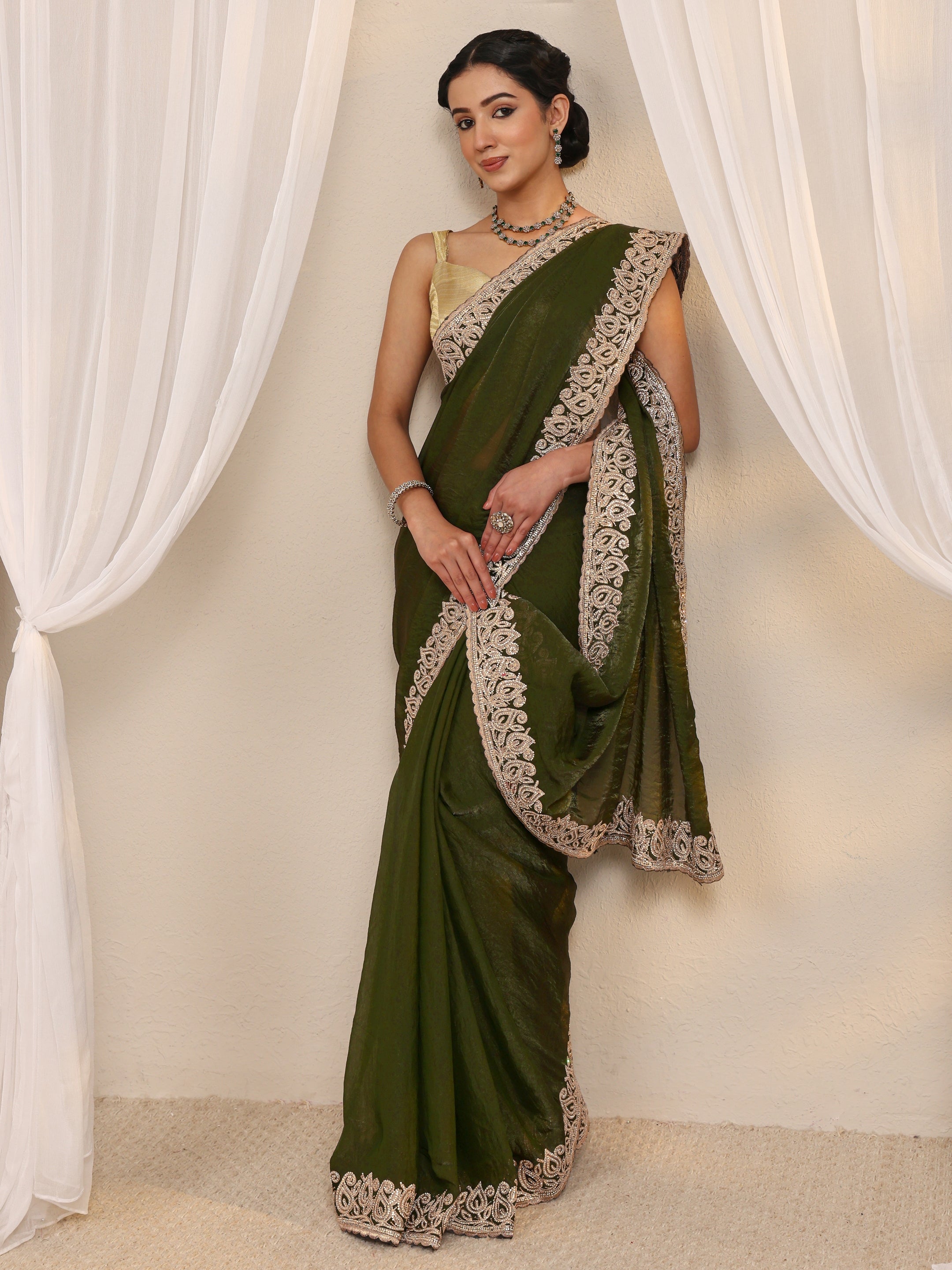 libas Green Embellished Tissue Saree With Unstitched Blouse Piece-picture-30
