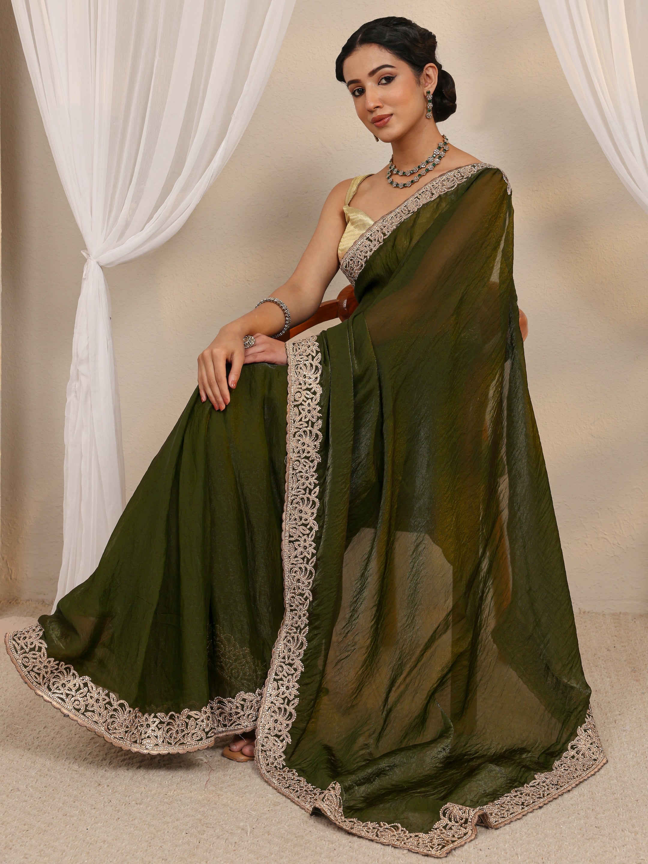 libas Green Embellished Tissue Saree With Unstitched Blouse Piece-picture-35