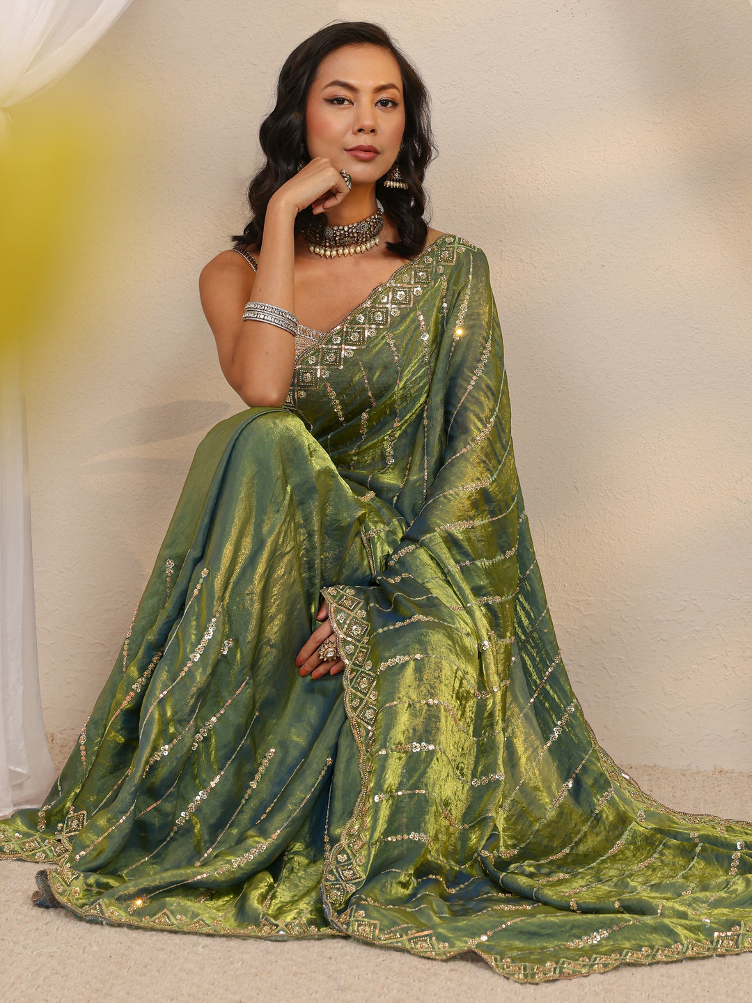  Green Embellished Tissue Saree With Unstitched Blouse Piece 