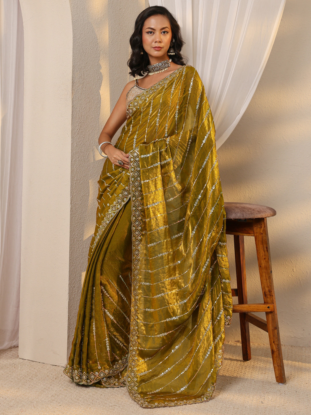  Green Embellished Tissue Saree With Unstitched Blouse Piece 