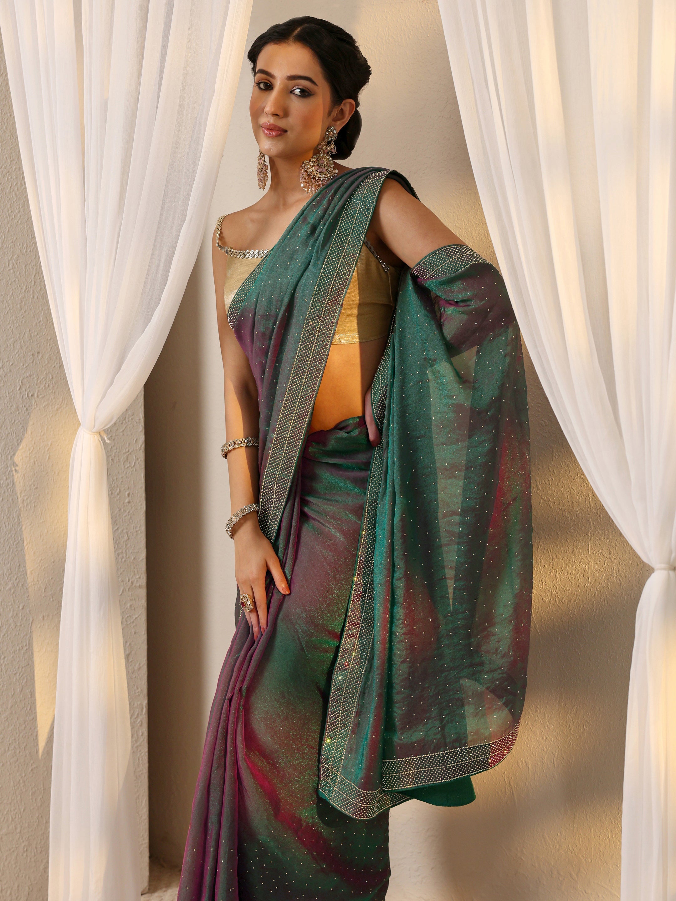 libas Green Embellished Tissue Saree With Unstitched Blouse Piece-picture-29