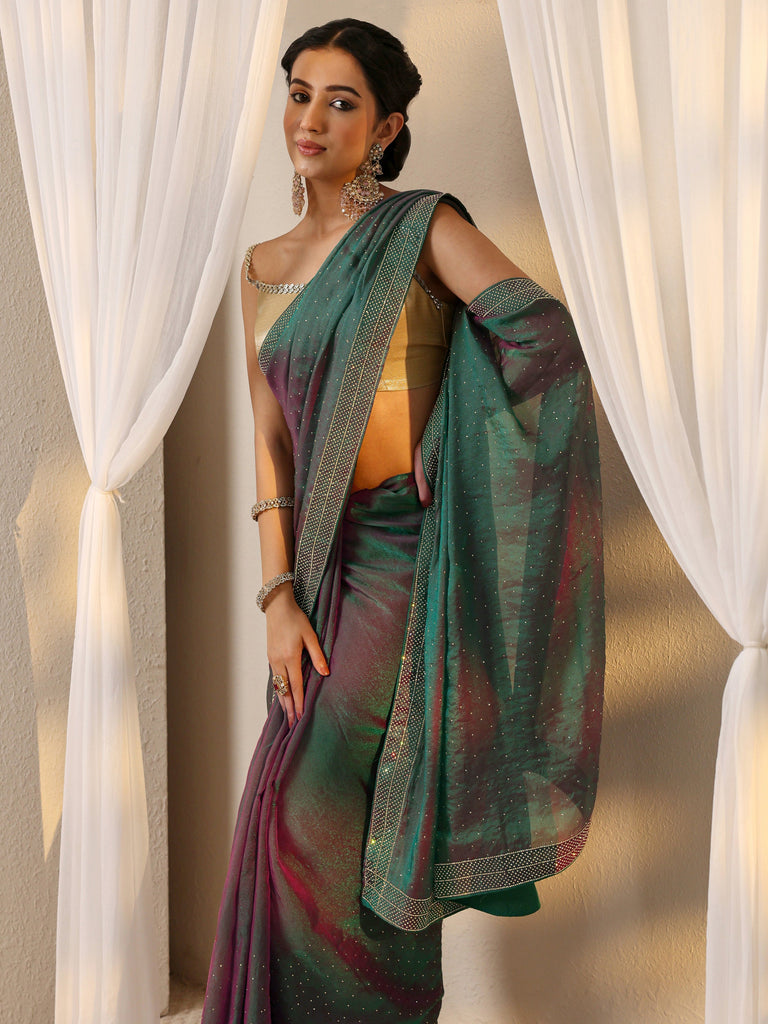 Libas Green Embellished Tissue Saree With Unstitched Blouse Piece
