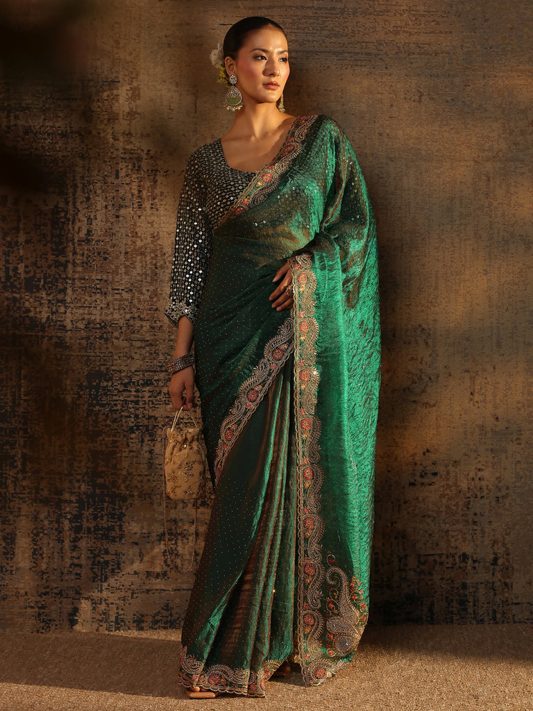 Libas Green Embellished Tissue Saree With Unstitched Blouse Piece