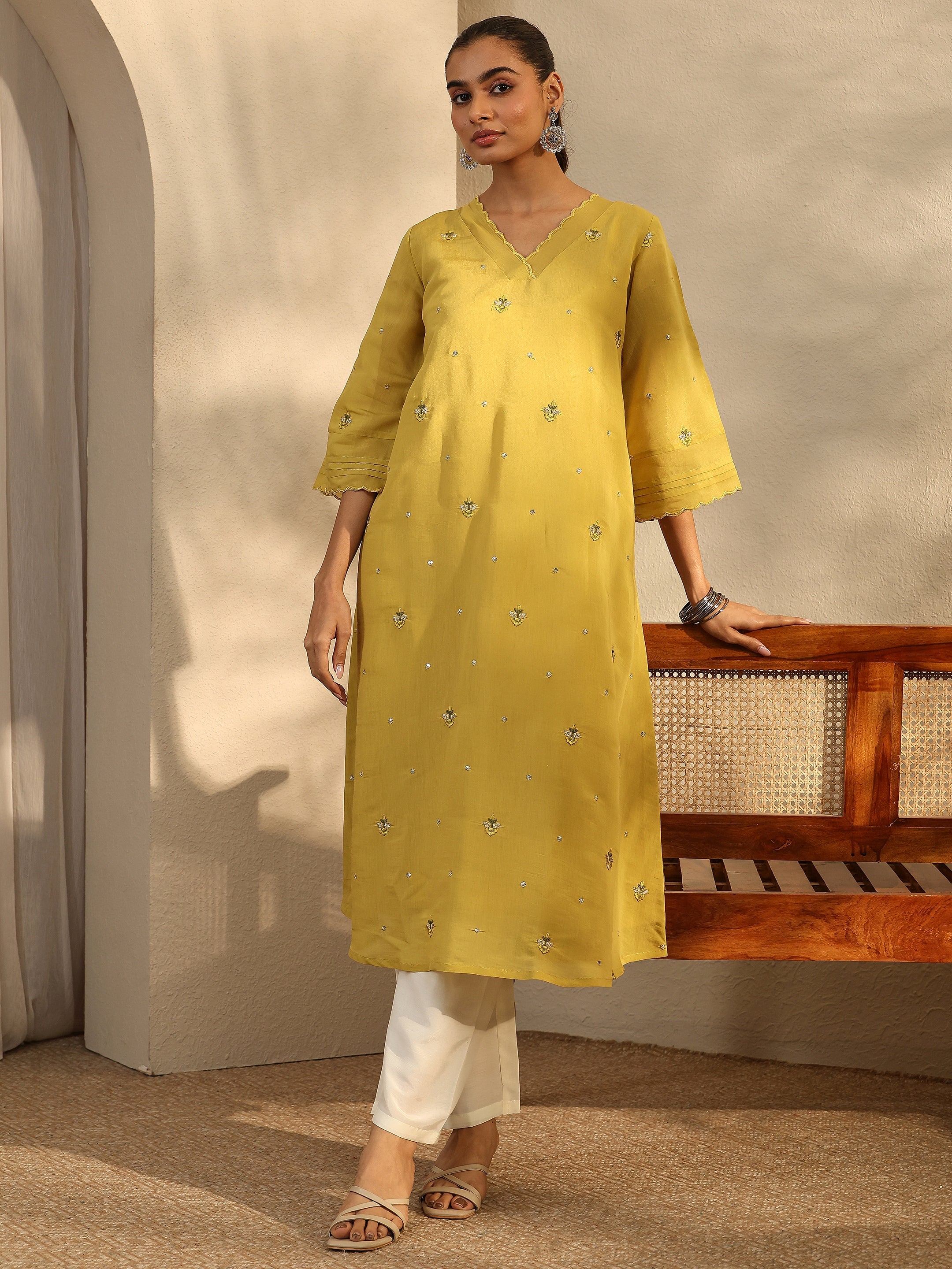 libas Green Embroidered Chanderi Cotton Straight Kurta-picture-16