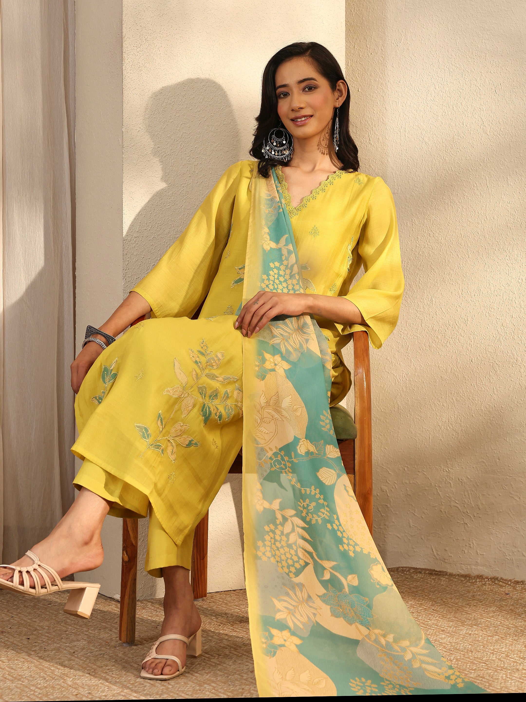 Green Embroidered Chanderi Cotton Straight Suit Set With Dupatta-image-12