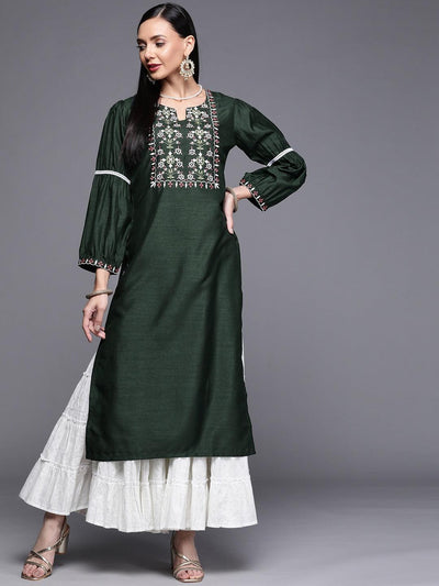 Green Embroidered Chanderi Silk Kurta - Libas