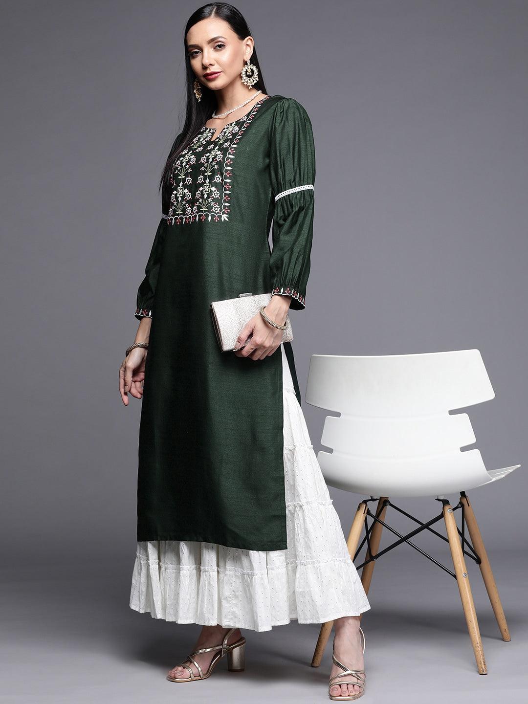Green Embroidered Chanderi Silk Kurta - Libas