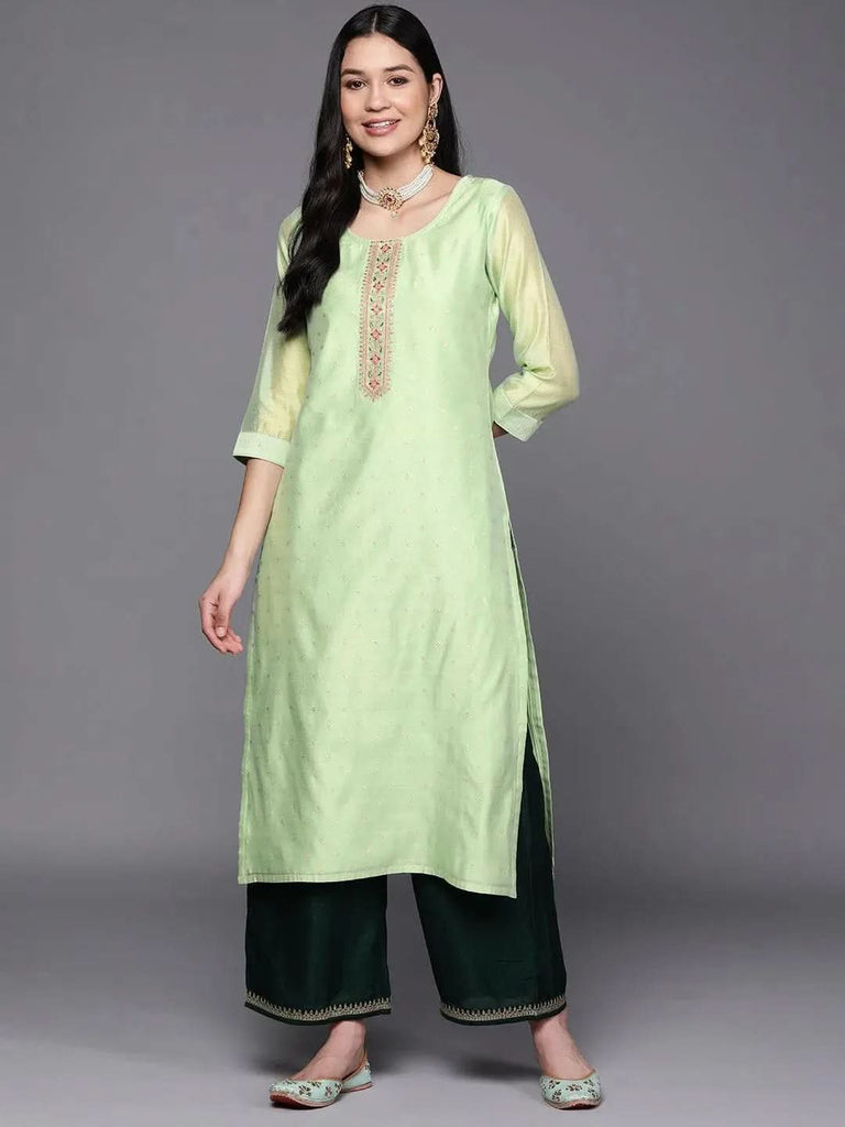 Libas Green Embroidered Chanderi Silk Straight Kurta