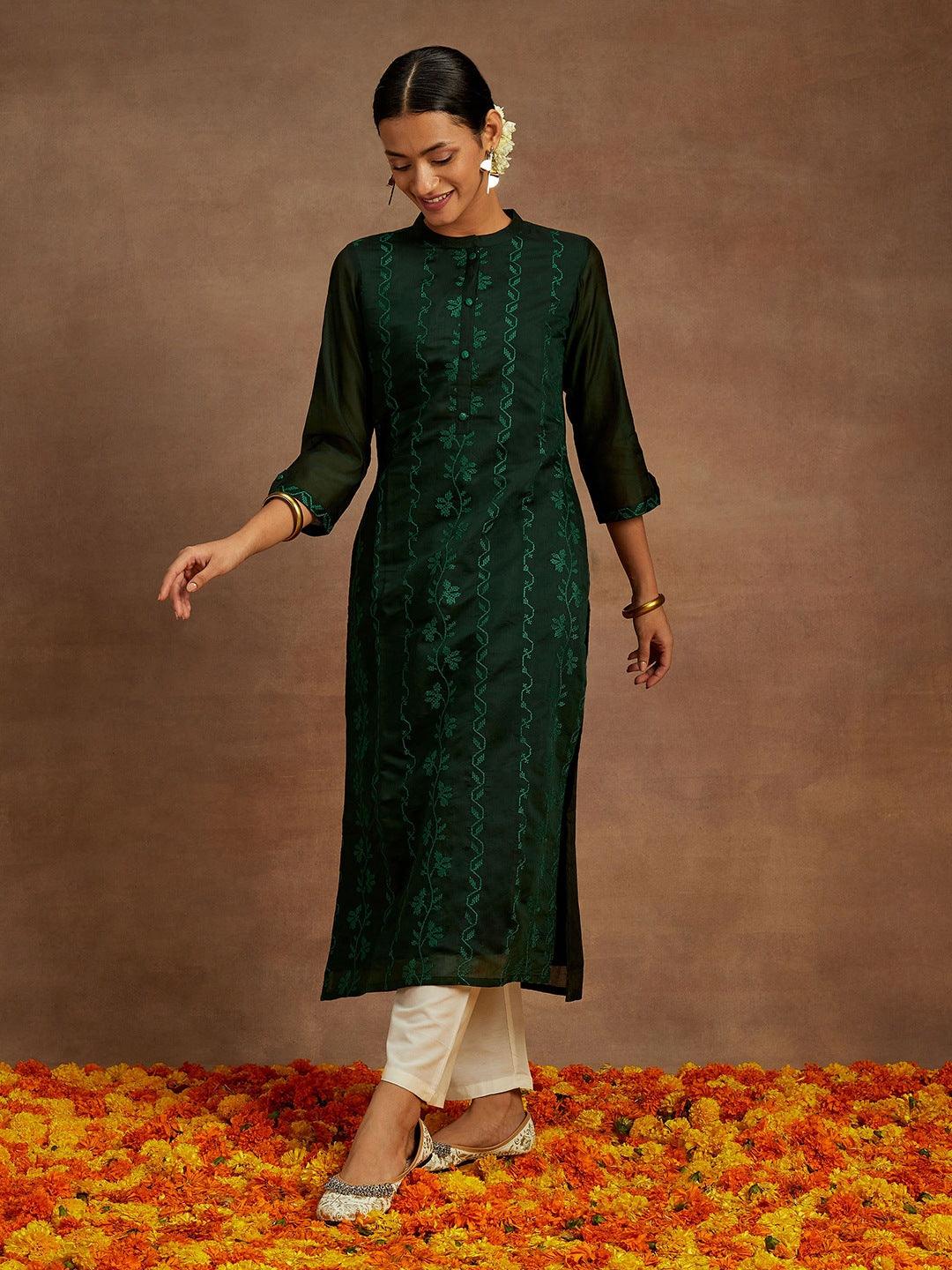 Green Embroidered Chanderi Silk Straight Kurta