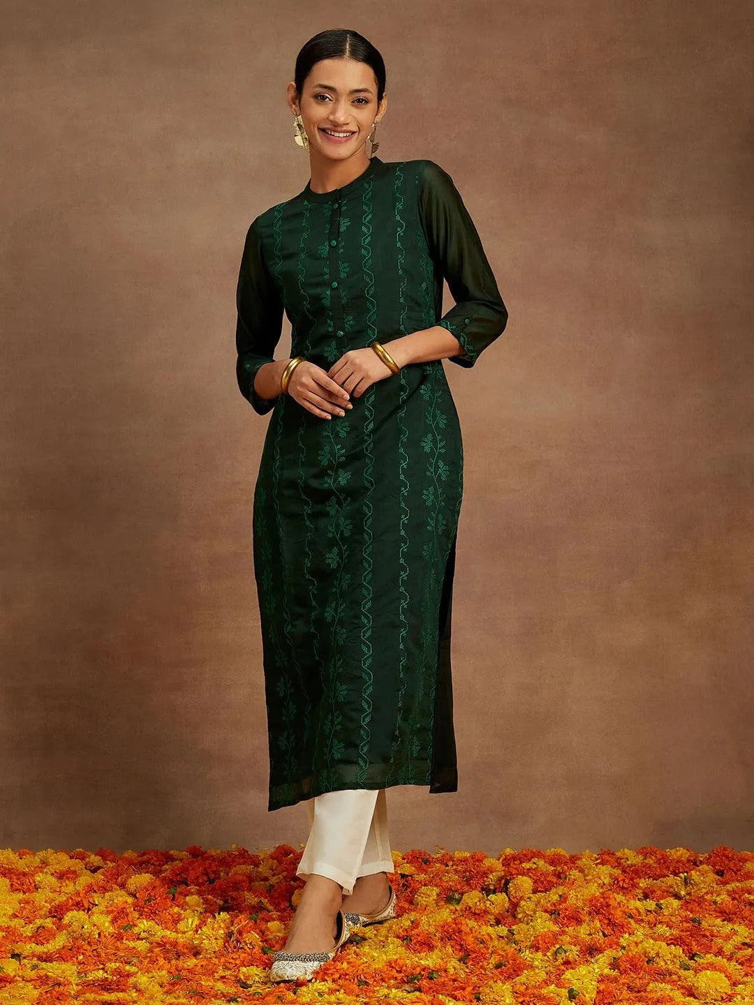 Rama Green Embroidered Chanderi Silk Straight Kurta With Trousers