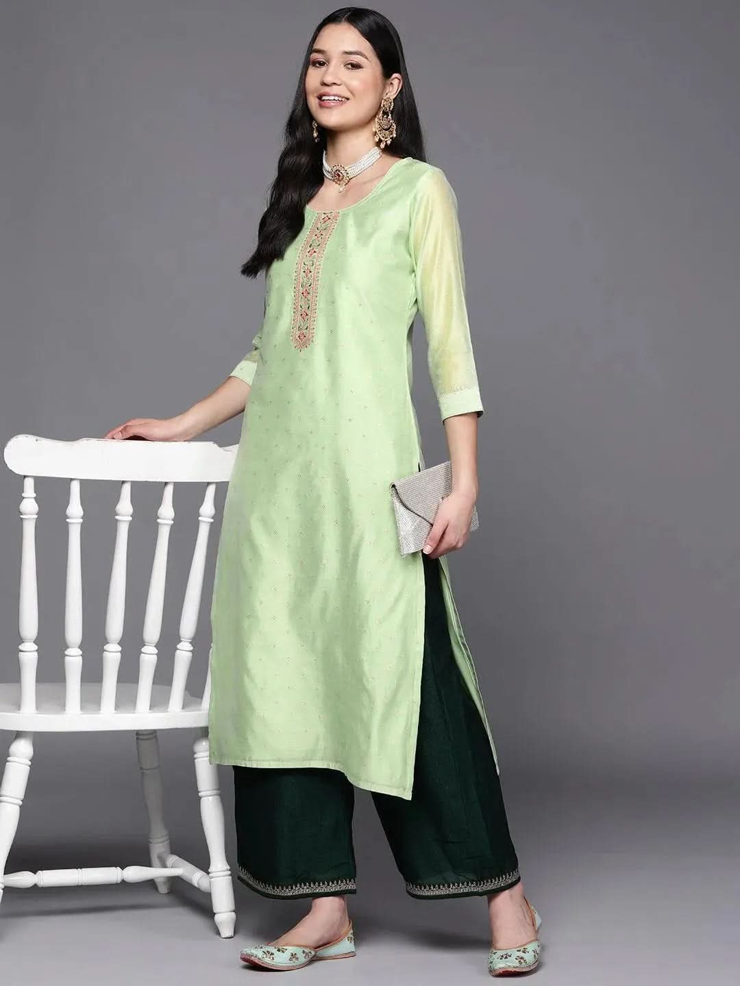 Green Embroidered Chanderi Silk Straight Kurta - Libas 