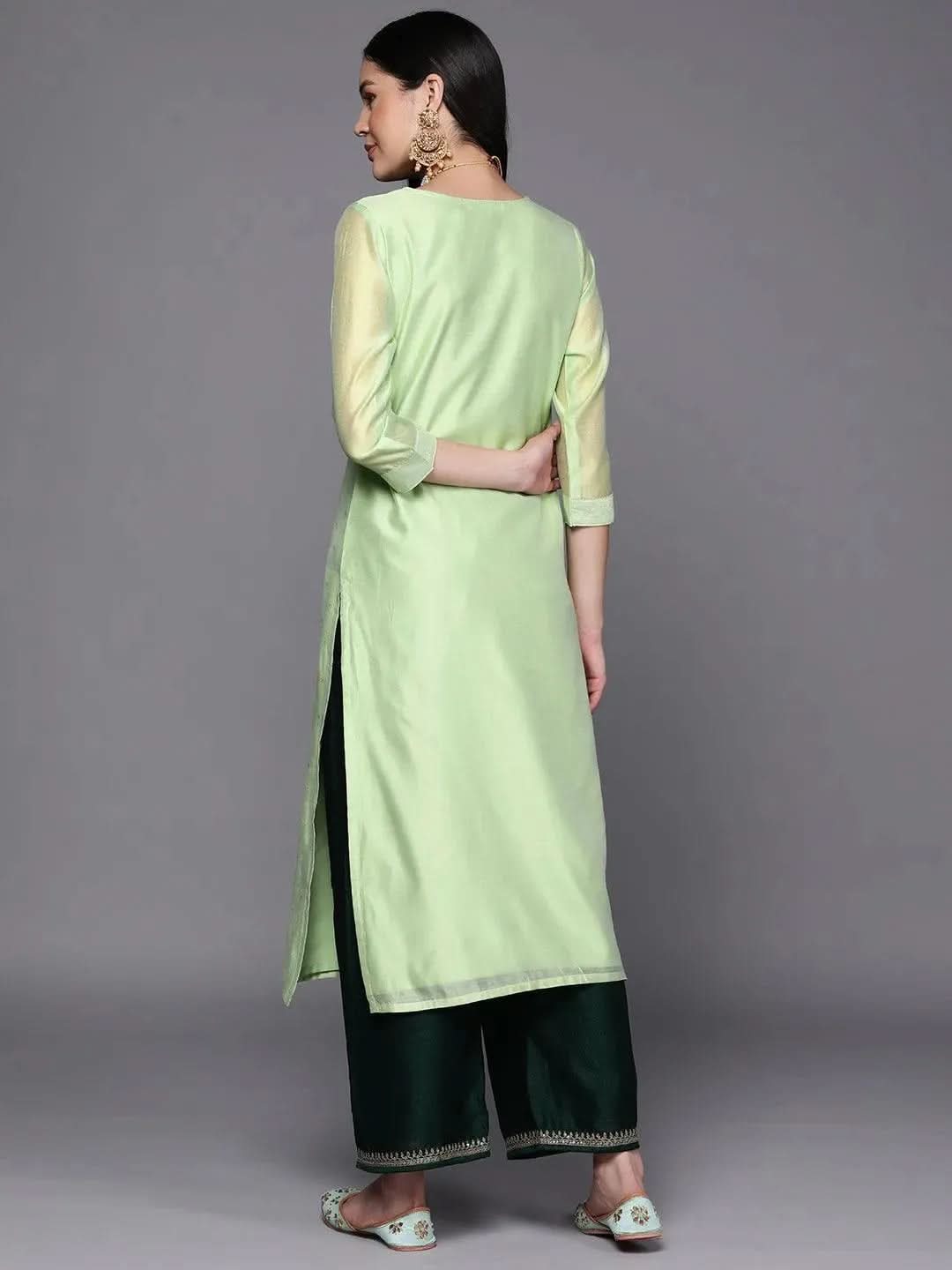 Green Embroidered Chanderi Silk Straight Kurta - Libas 