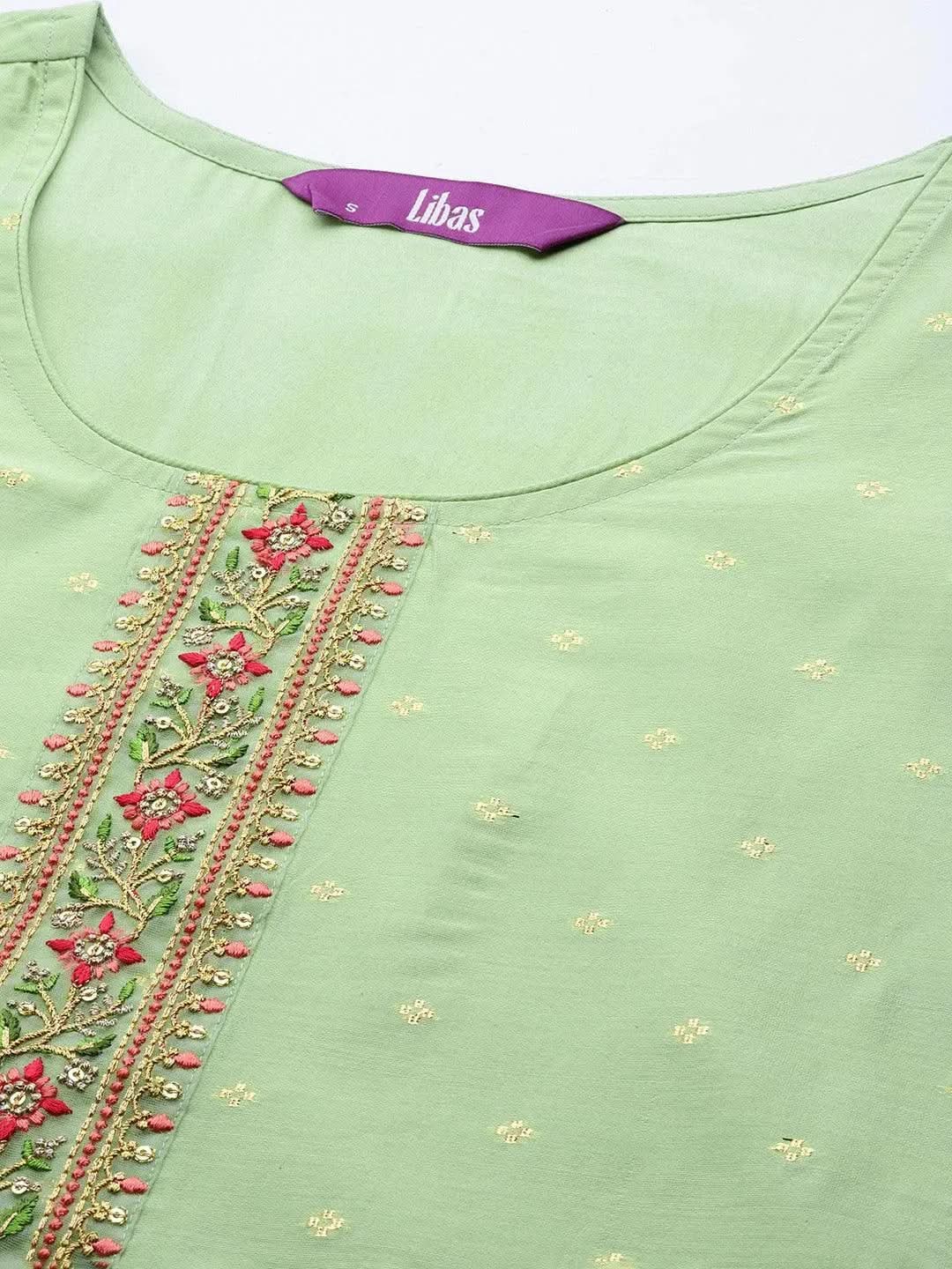 Green Embroidered Chanderi Silk Straight Kurta - Libas 
