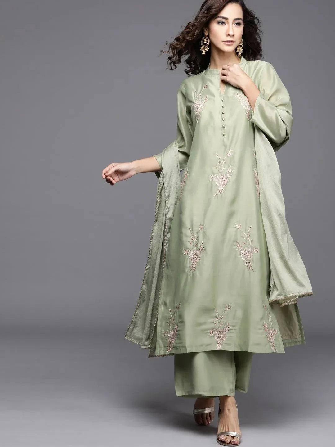 Green Embroidered Chanderi Silk Suit Set - Libas