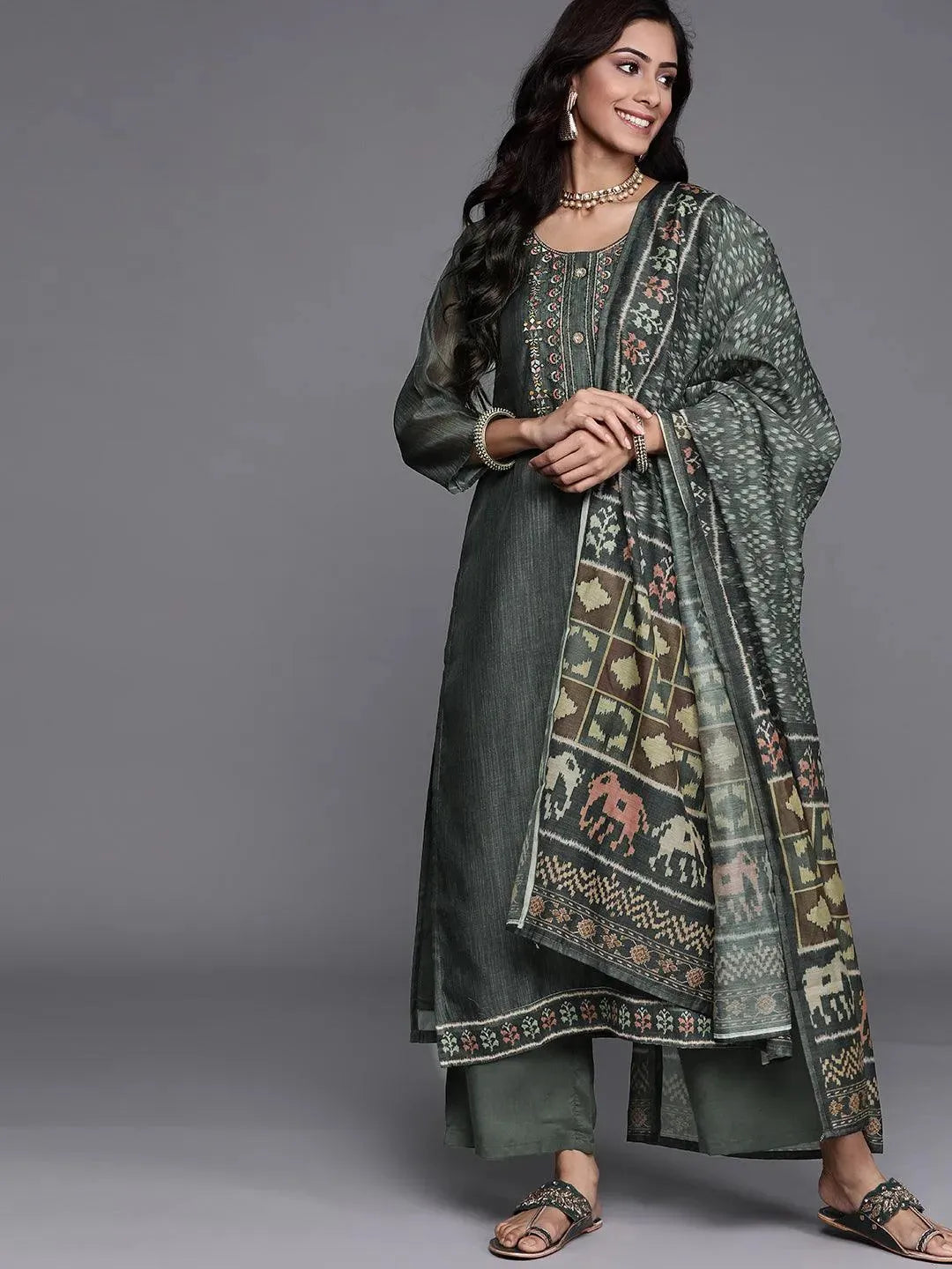 Green Embroidered Chanderi Silk Suit Set - Libas 