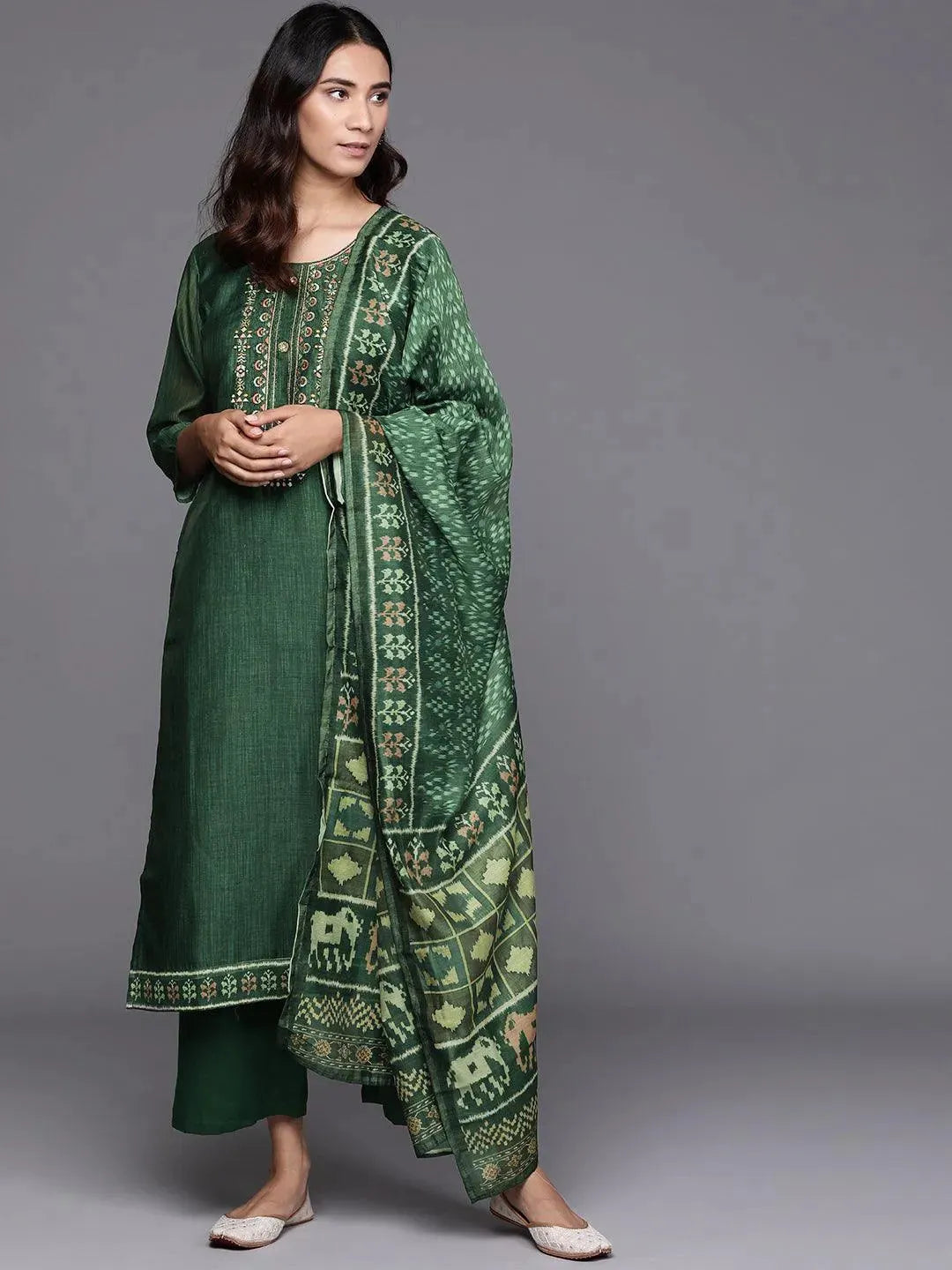 Green Embroidered Chanderi Silk Suit Set - Libas