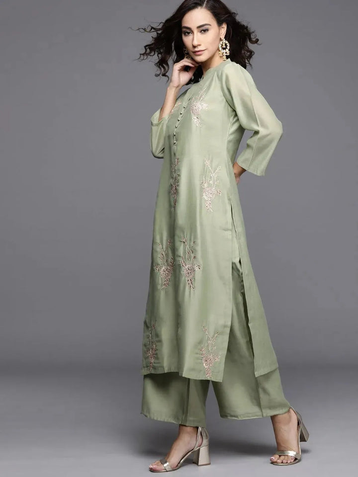 Green Embroidered Chanderi Silk Suit Set - Libas