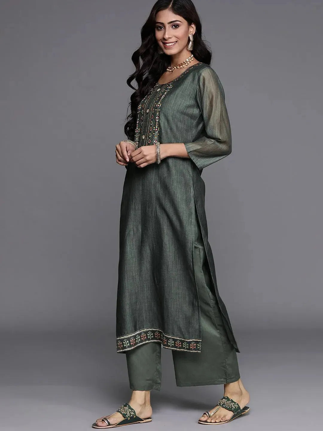 Green Embroidered Chanderi Silk Suit Set - Libas 