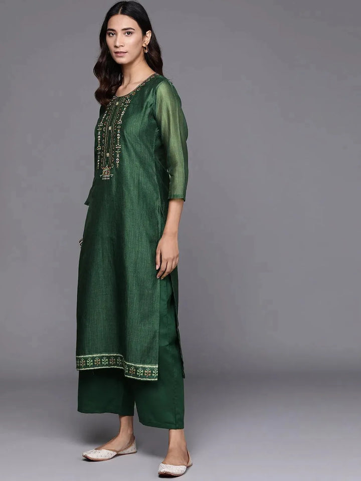 Green Embroidered Chanderi Silk Suit Set - Libas