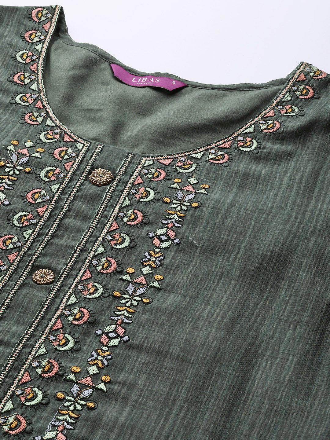 Green Embroidered Chanderi Silk Straight Kurta With Palazzos & Dupatta