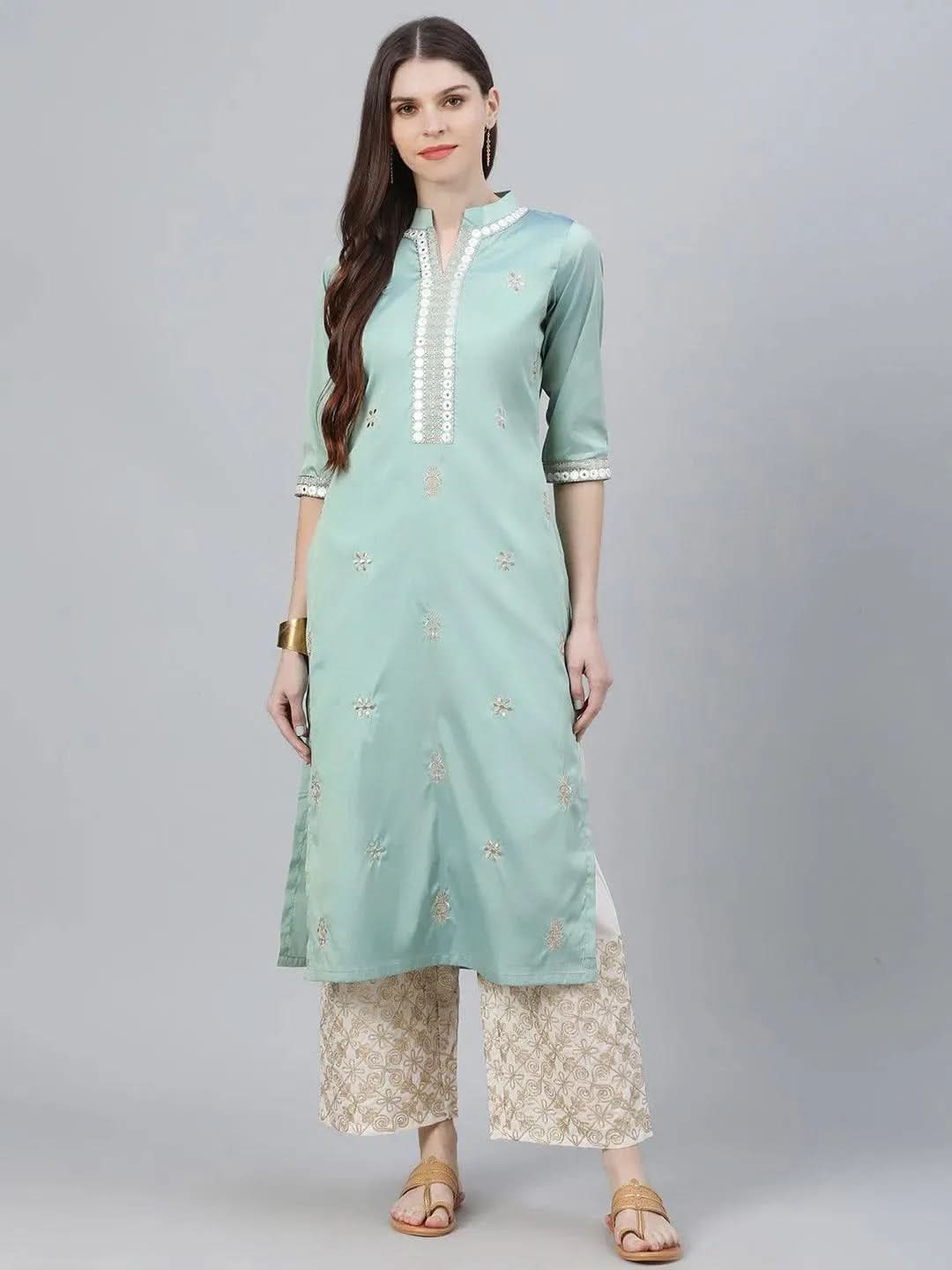 

Buy Green Embroidered Chanderi Kurta Set - 6782O- | Libas Ethnic Wear Online