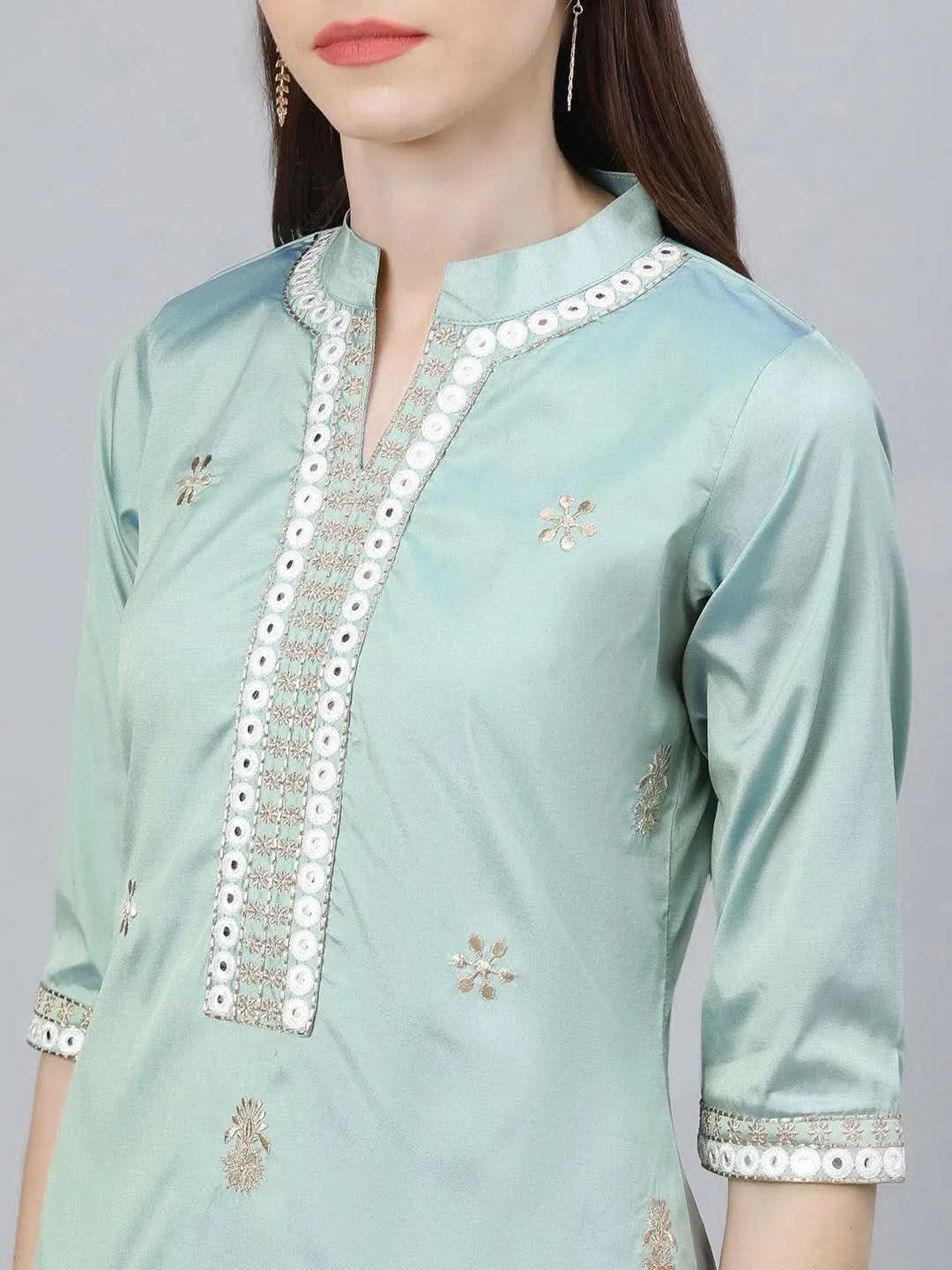 Green Embroidered Chanderi Kurta Set - Libas 