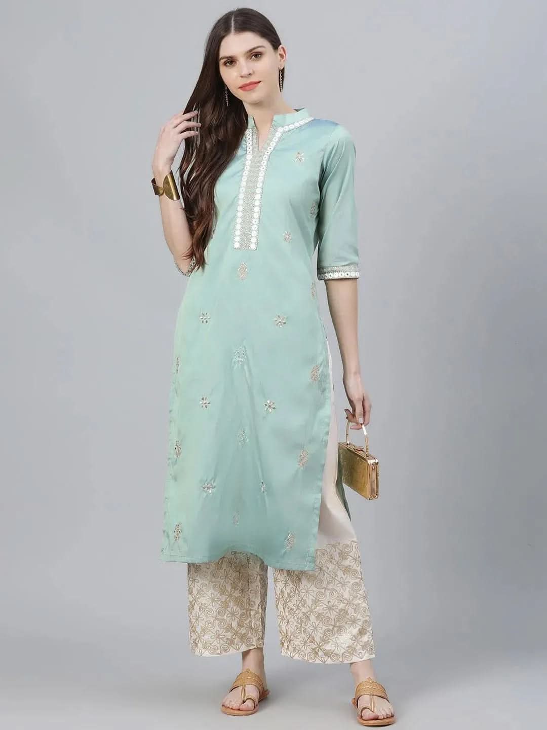 Green Embroidered Chanderi Kurta Set - Libas 