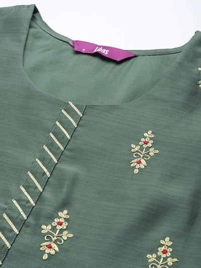 Green Embroidered Chanderi Silk Straight Kurta With Trousers & Dupatta - Libas
