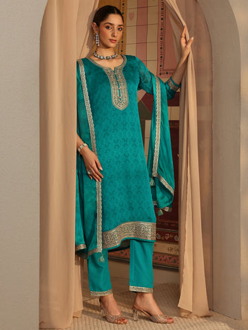 Green Embroidered Chiffon Straight Suit Set With Dupatta