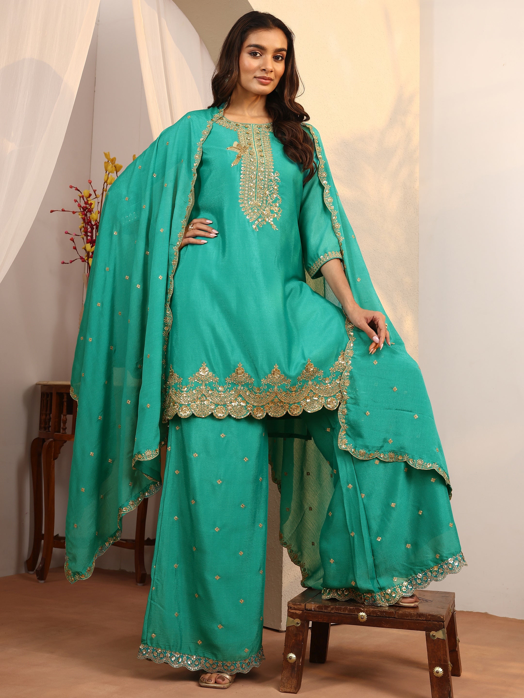 libas Green Embroidered Chinon Straight Suit Set With Dupatta-picture-55