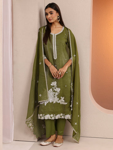 Green Embroidered Chinon Straight Suit Set With Dupatta