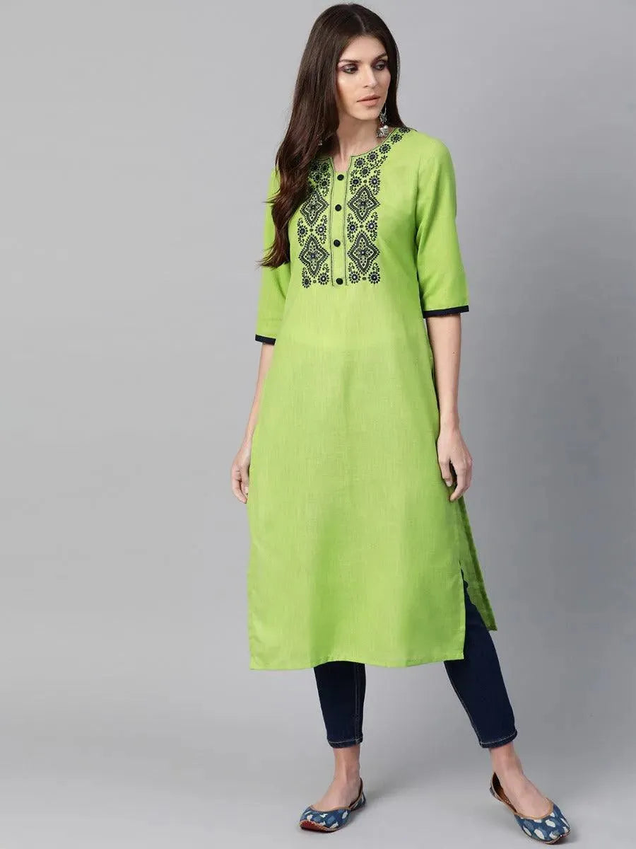 Green Embroidered Cotton Kurta - Libas